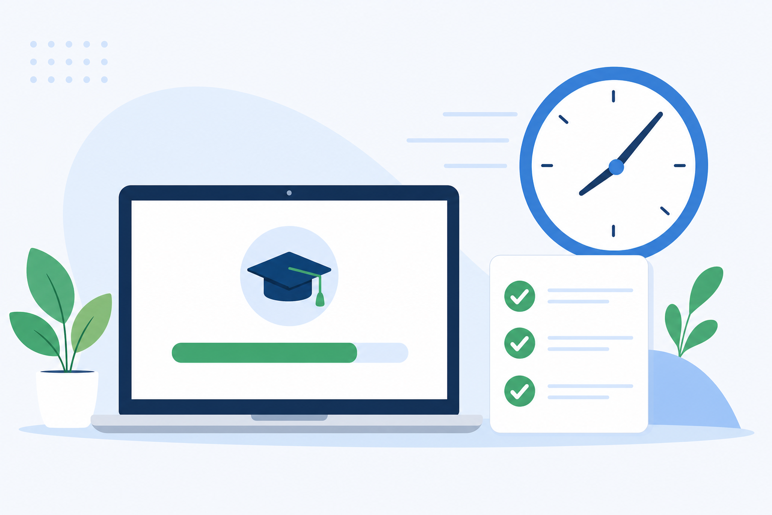 Illustration of a self-paced online Texas drivers ed course with a progress bar and clock