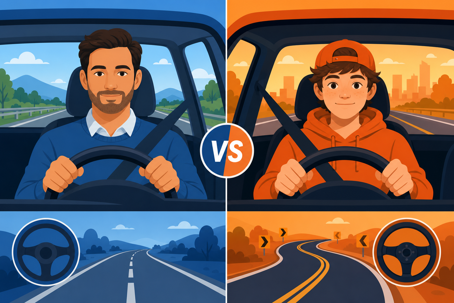 Split illustration comparing an adult driver (ITAD) and a teen driver (ITTD) in Texas