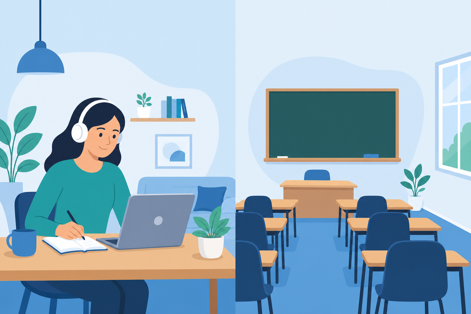 Split illustration comparing online vs in-person Texas adult drivers ed