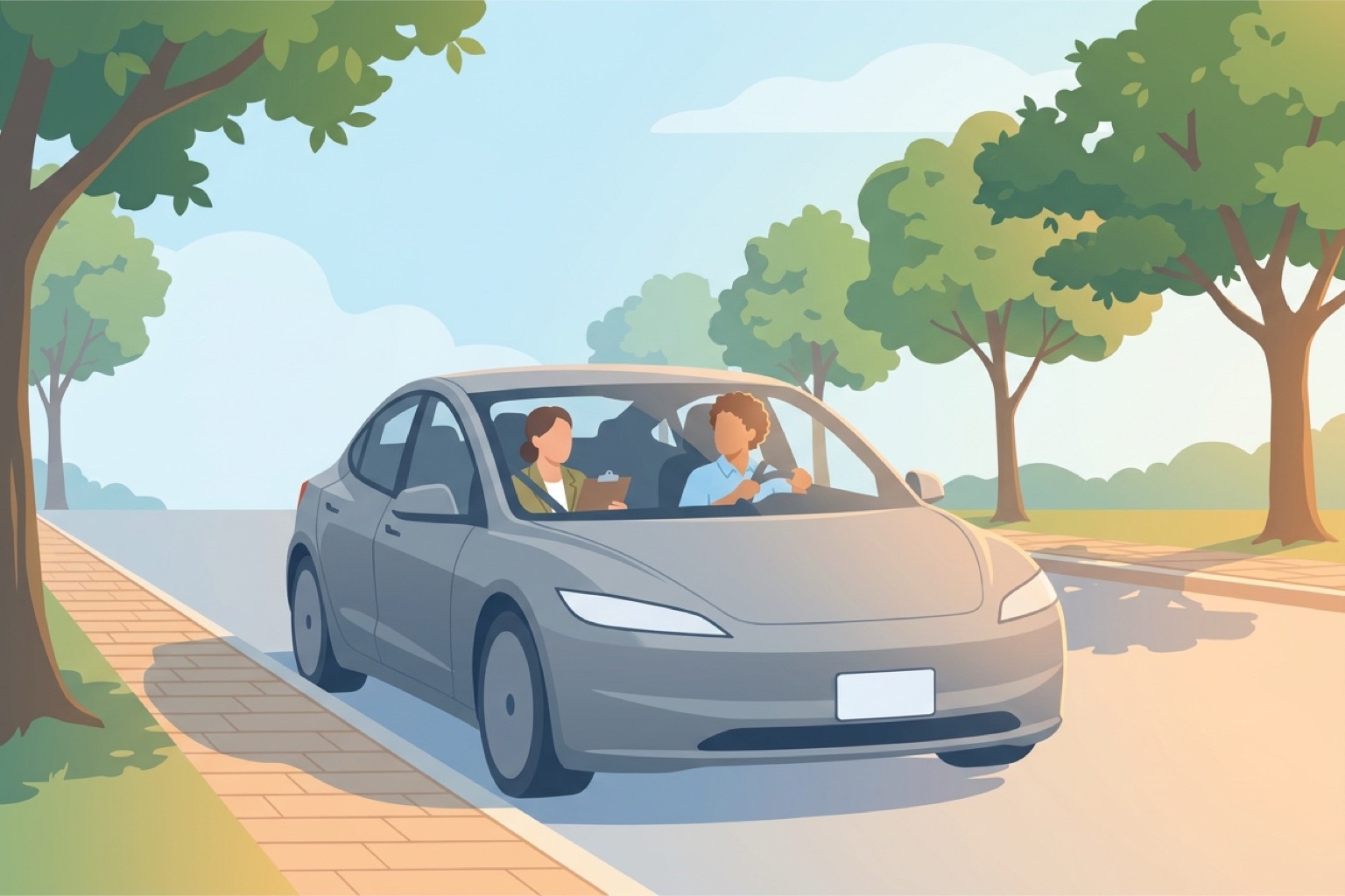 Illustration of an adult driver at the wheel on a tree-lined Texas street during a driving test, with an examiner holding a clipboard in the passenger seat