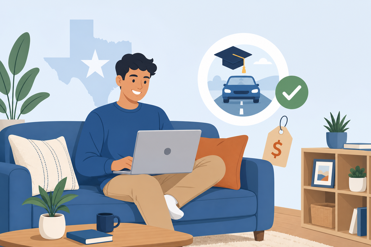 Illustration of an adult taking an affordable online Texas drivers ed course on a laptop at home